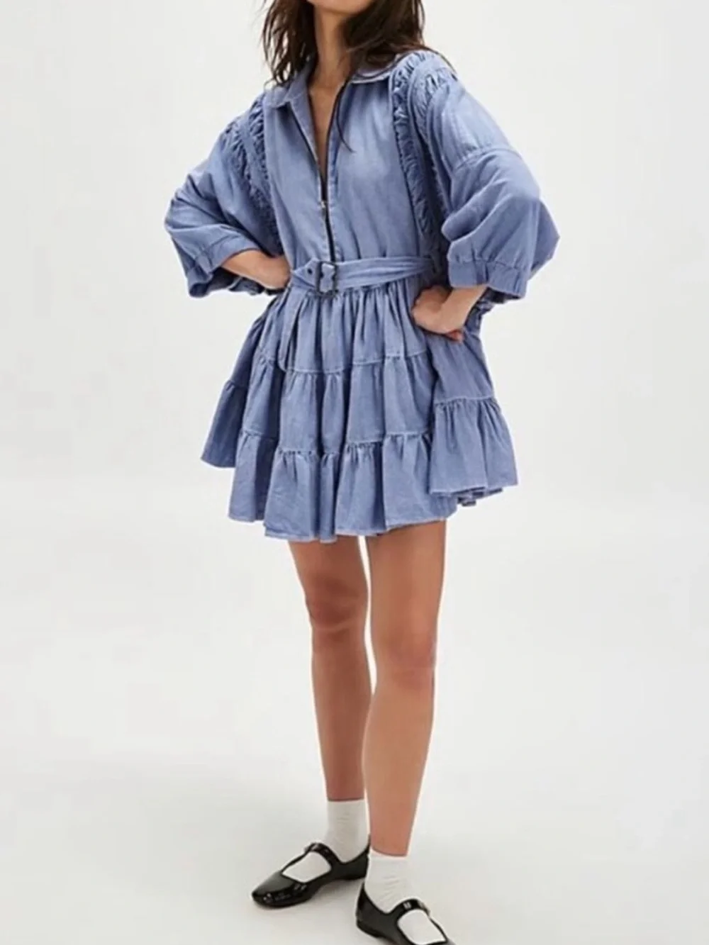 Free People Sage Green Textured Collared denim Zip Dress